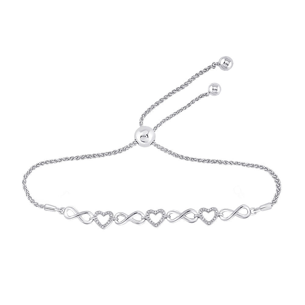 10kt White Gold Womens Round Diamond Heart Bolo Bracelet 1/12 Cttw