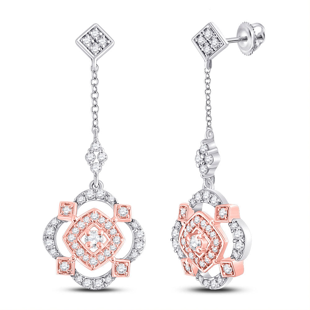 10kt Two-tone Gold Womens Round Diamond Offset Square Dangle Earrings 1/2 Cttw