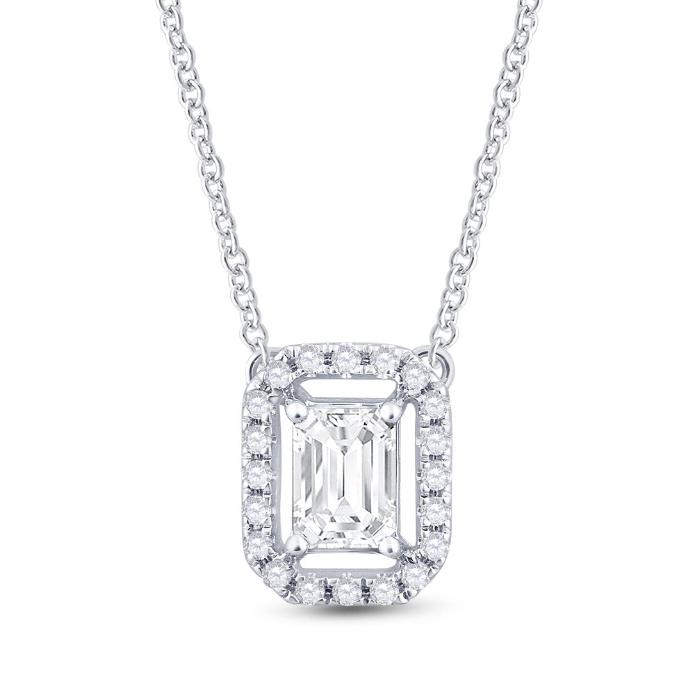 14kt White Gold Womens Emerald Diamond Solitaire Necklace 5/8 Cttw