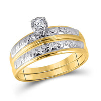 Load image into Gallery viewer, 10kt Yellow Gold His Hers Round Diamond Solitaire Matching Wedding Set 1/20 Cttw
