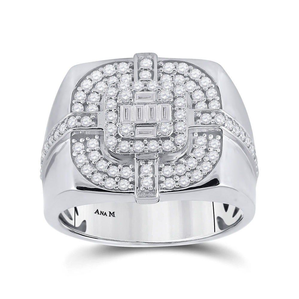 14kt White Gold Mens Baguette Diamond Square Ring 1 Cttw
