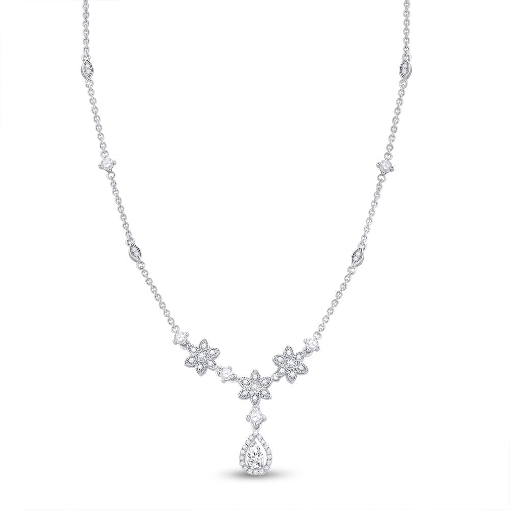 14kt White Gold Womens Pear Diamond Flower Teardrop Necklace 7/8 Cttw