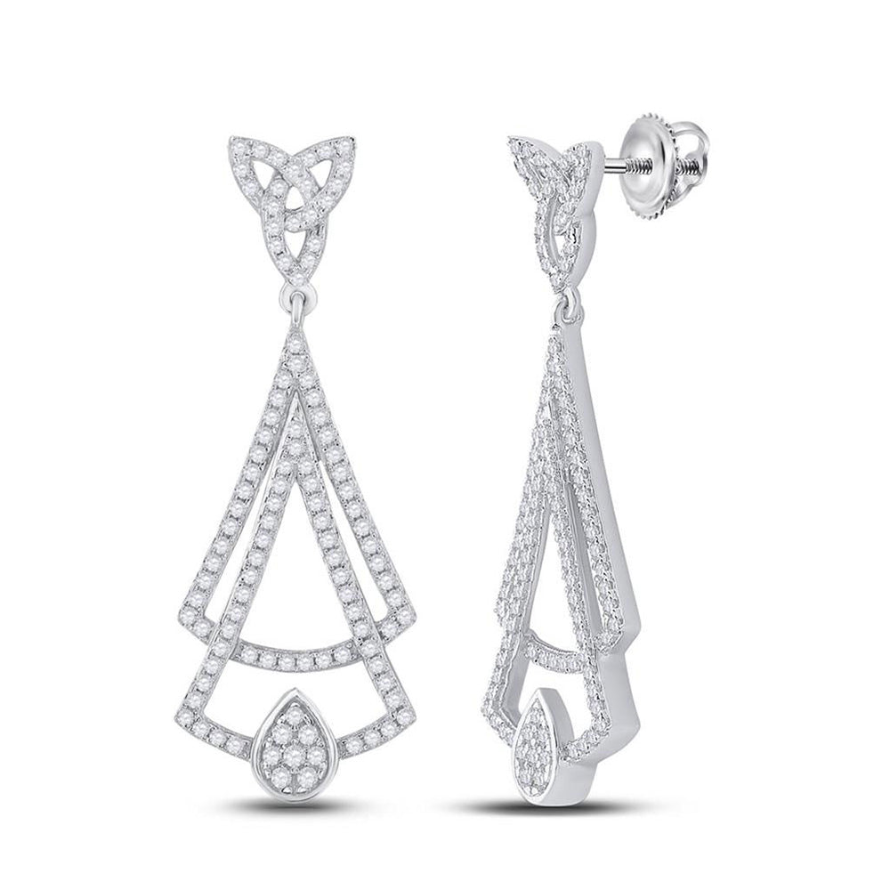 14kt White Gold Womens Round Diamond Triangle Dangle Earrings 3/4 Cttw