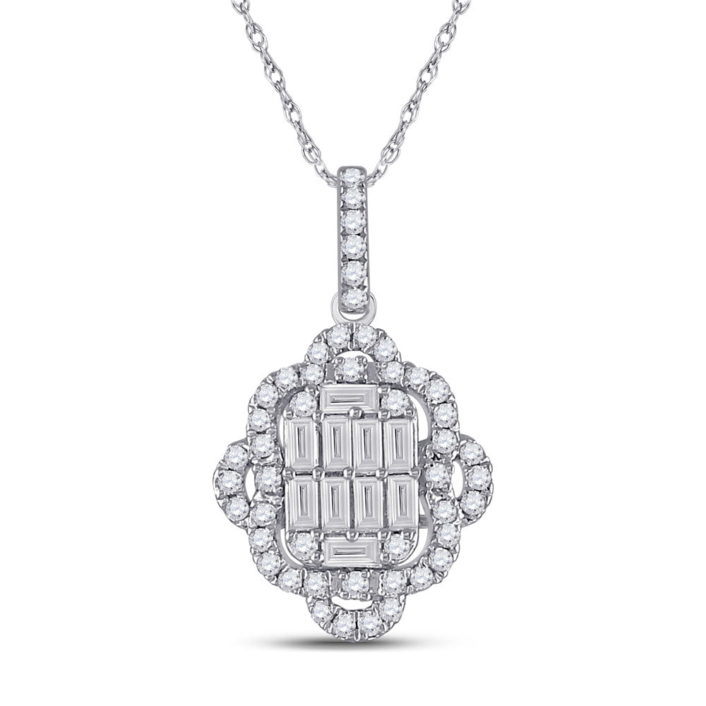 14kt White Gold Womens Baguette Diamond Quatrefoil Cluster Pendant 5/8 Cttw
