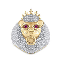 Load image into Gallery viewer, 14kt Yellow Gold Mens Round Ruby Diamond Lion Face Animal Ring 1-3/4 Cttw

