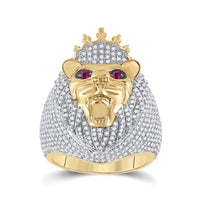 Load image into Gallery viewer, 14kt Yellow Gold Mens Round Ruby Diamond Lion Face Animal Ring 1-3/4 Cttw
