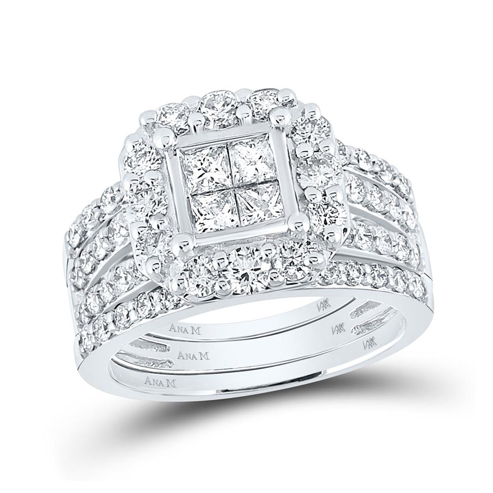 14kt White Gold Princess Diamond Bridal Wedding Ring Band Set 2 Cttw