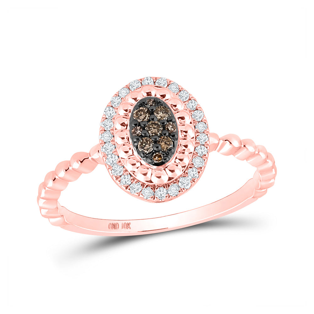 10kt Rose Gold Womens Round Brown Diamond Oval Ring 1/5 Cttw