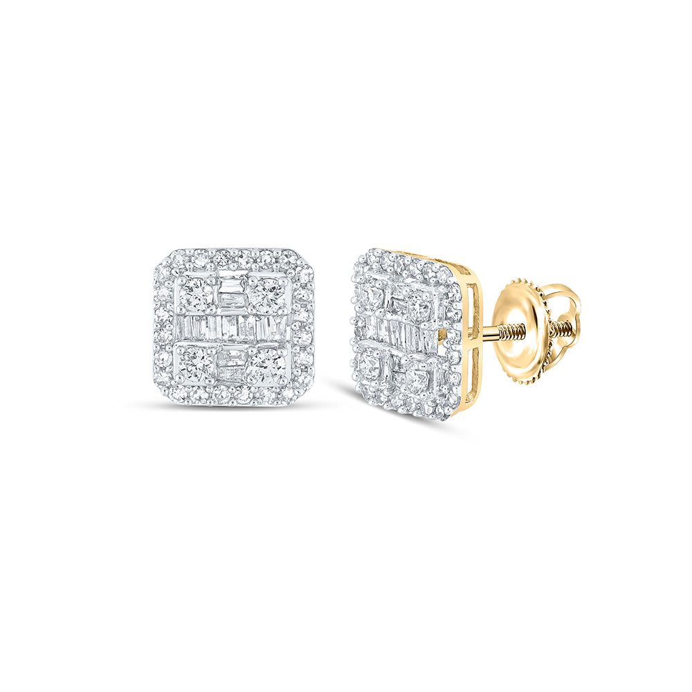 10kt Yellow Gold Mens Baguette Diamond Square Earrings 3/4 Cttw