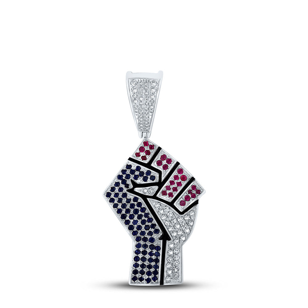 10kt White Gold Mens Round Gemstone Diamond BLM Charm Pendant 1-1/4 Cttw