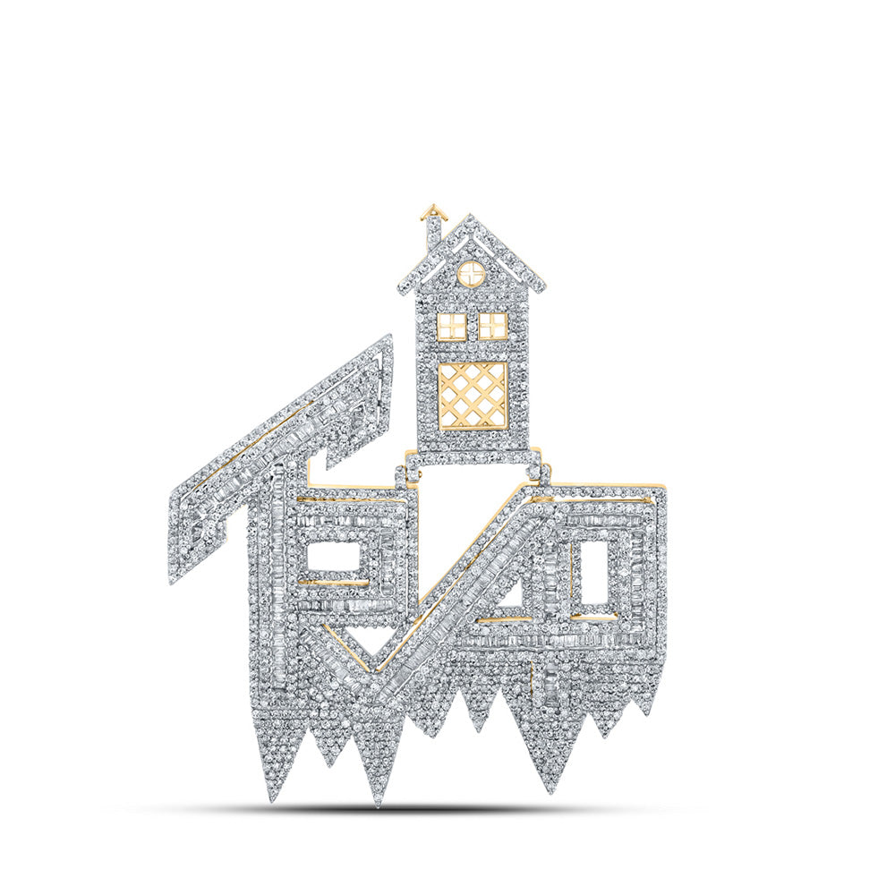 10kt Yellow Gold Mens Baguette Diamond Trap House Phrase Charm Pendant 3-1/2 Cttw