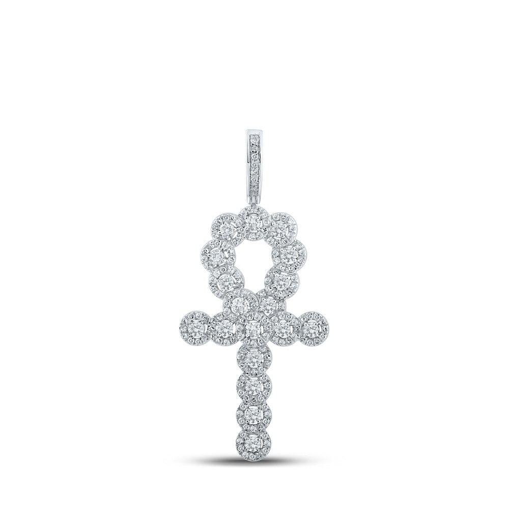 10kt White Gold Mens Round Diamond Ankh Cross Charm Pendant 1 Cttw