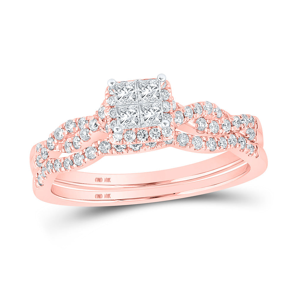 10kt Rose Gold Princess Diamond Bridal Wedding Ring Band Set 1/2 Cttw