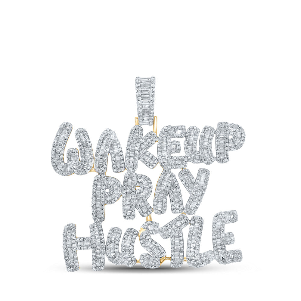 10kt Yellow Gold Mens Baguette Diamond Wake Up Pray Hustle Phrase Charm Pendant 3-3/4 Cttw