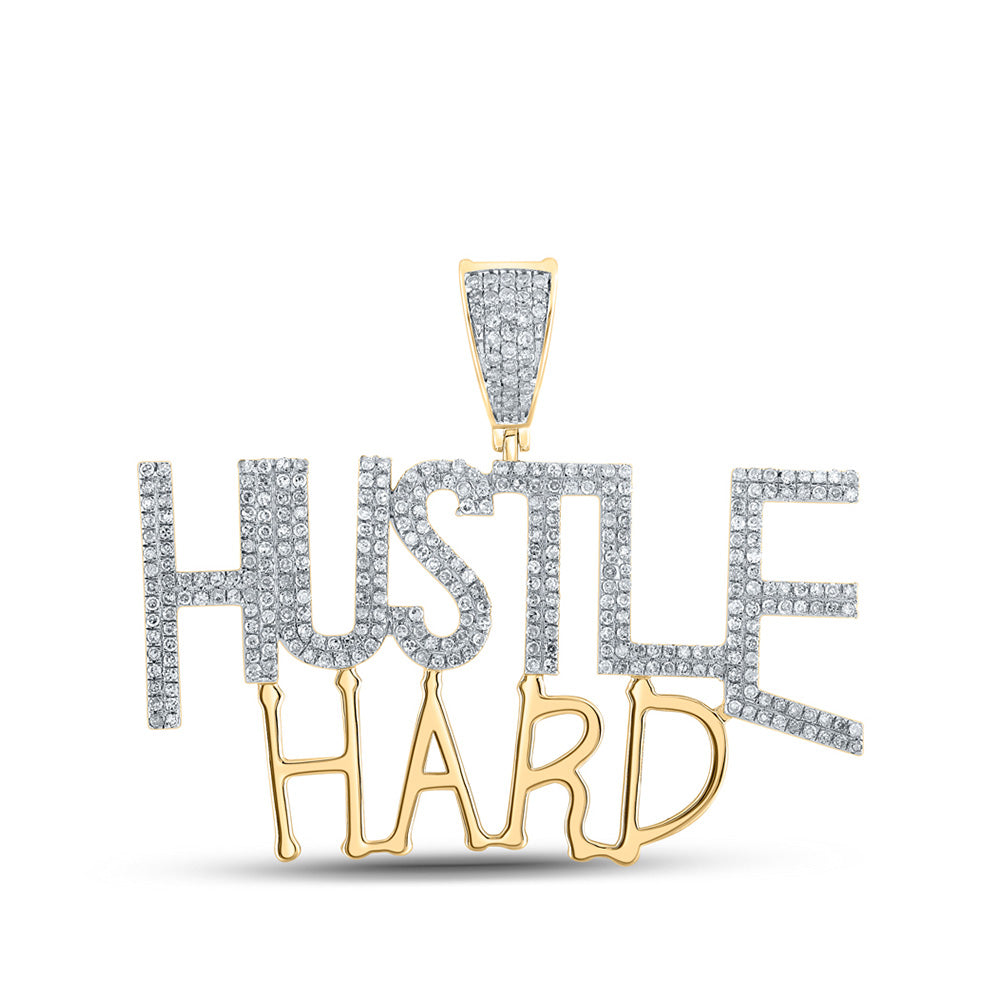 10kt Yellow Gold Mens Round Diamond Hustle Hard Phrase Charm Pendant 1 Cttw