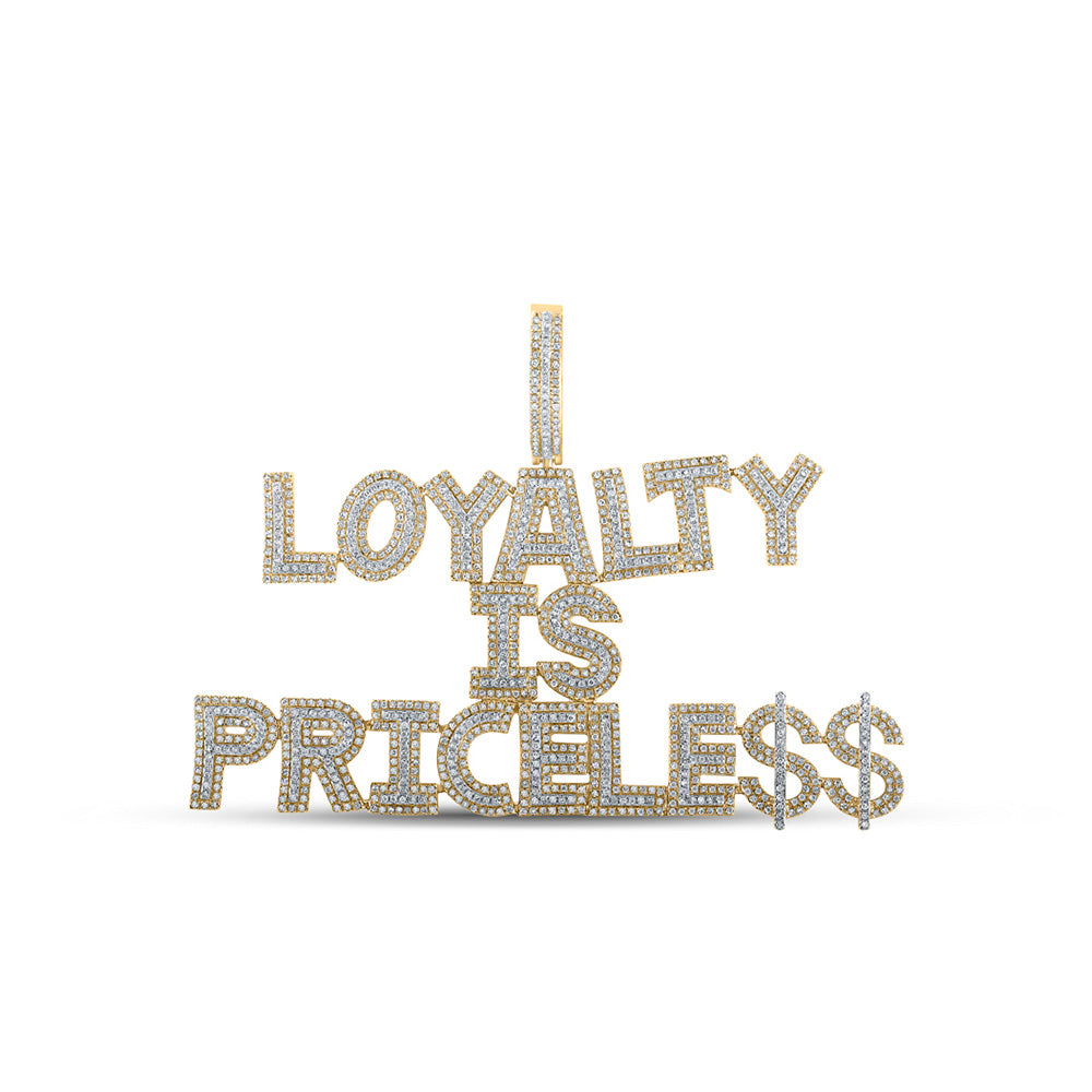 10kt Yellow Gold Mens Round Diamond Loyalty Priceless Phrase Charm Pendant 2-7/8 Cttw