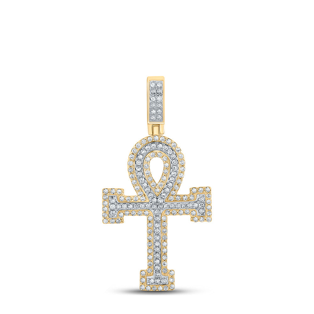 10kt Two-tone Gold Mens Round Diamond Ankh Cross Charm Pendant 7/8 Cttw