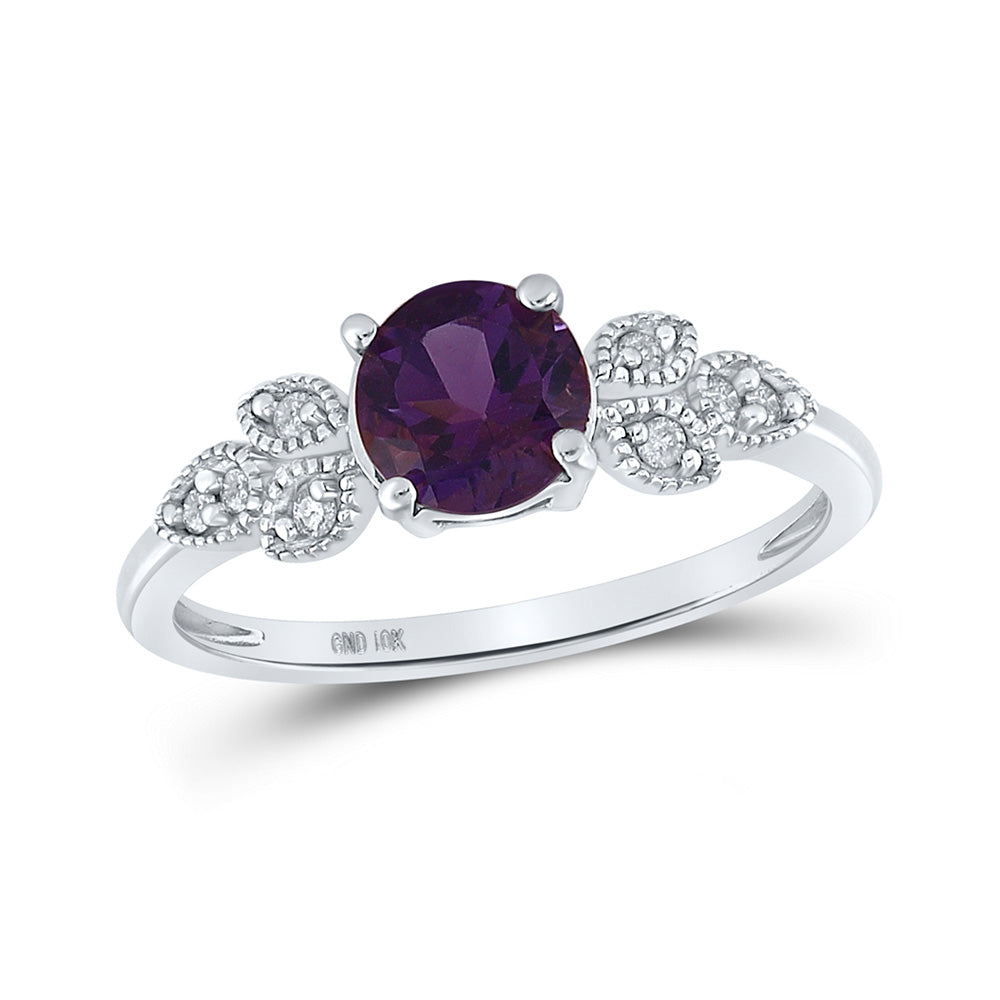 10kt White Gold Womens Round Synthetic Amethyst Floral Solitaire Ring 7/8 Cttw