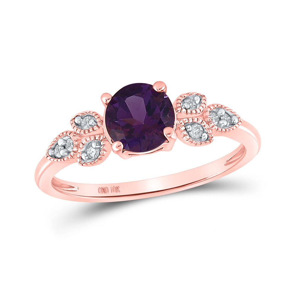 10kt Rose Gold Womens Round Synthetic Amethyst Floral Solitaire Ring 7/8 Cttw