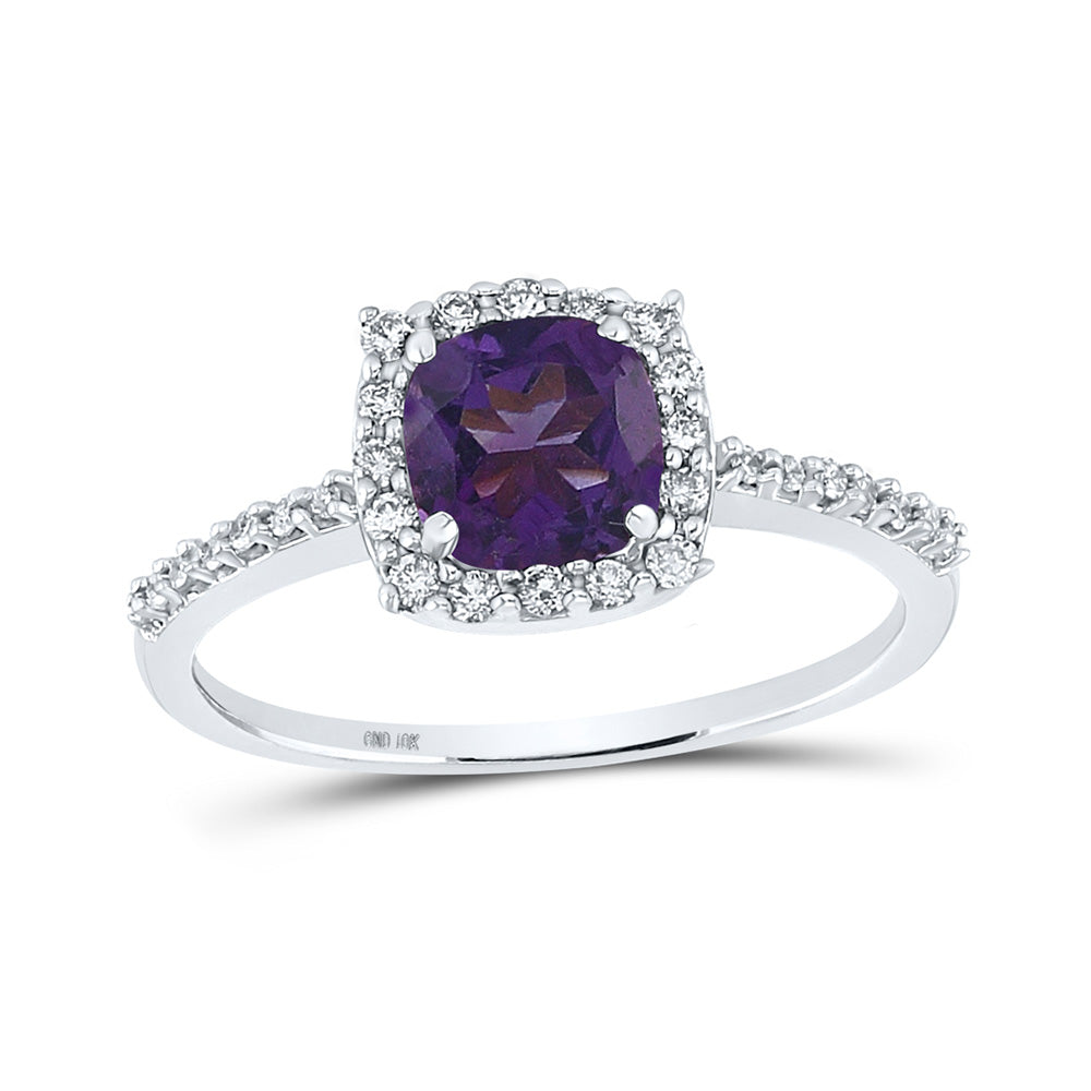 10kt White Gold Womens Cushion Synthetic Amethyst Diamond Solitaire Ring 1 Cttw