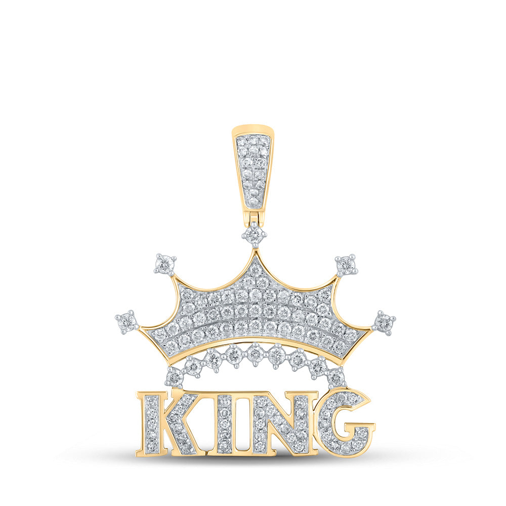 10kt Yellow Gold Mens Round Diamond King Crown Phrase Charm Pendant 7/8 Cttw