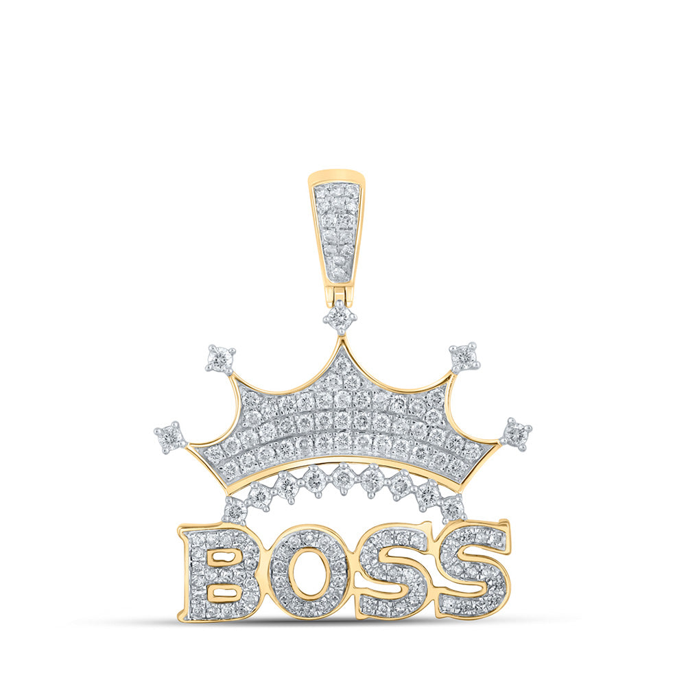 10kt Yellow Gold Mens Round Diamond Boss Crown Phrase Charm Pendant 1 Cttw