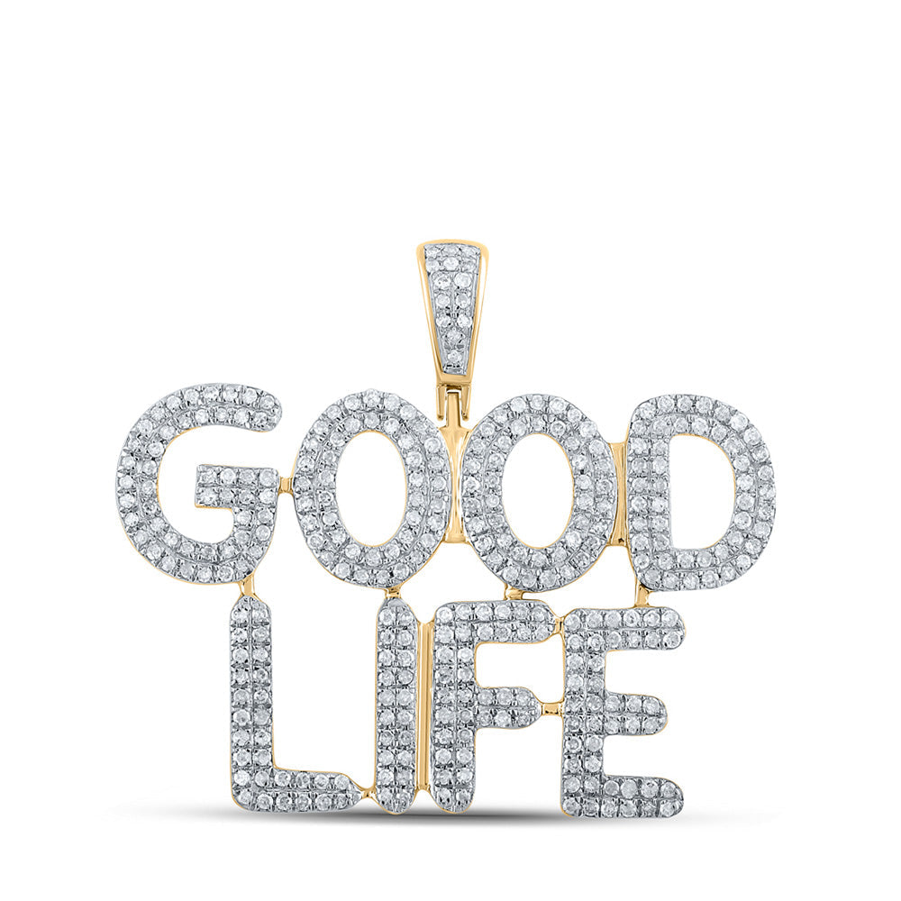 10kt Yellow Gold Mens Round Diamond Good Life Phrase Charm Pendant 1 Cttw