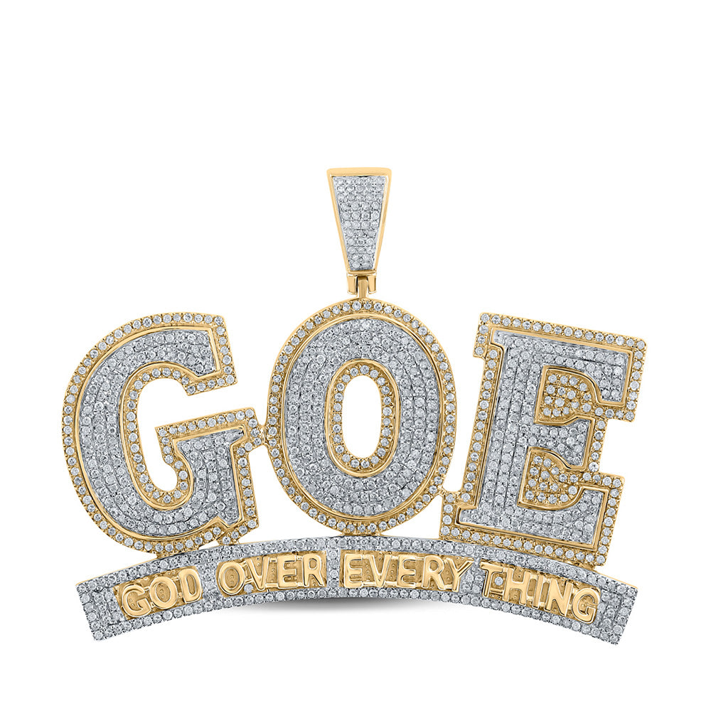 10kt Yellow Gold Mens Round Diamond God Over Everything Phrase Charm Pendant 2-1/3 Cttw