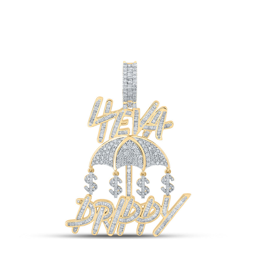 10kt Yellow Gold Mens Baguette Diamond Forever Drippy Phrase Charm Pendant 2-1/2 Cttw