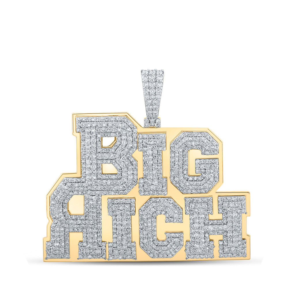 10kt Yellow Gold Mens Round Diamond Big Rich Phrase Charm Pendant 3-3/8 Cttw