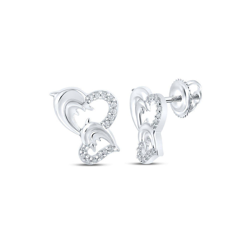 10kt White Gold Womens Round Diamond Dolphin Heart Earrings 1/10 Cttw