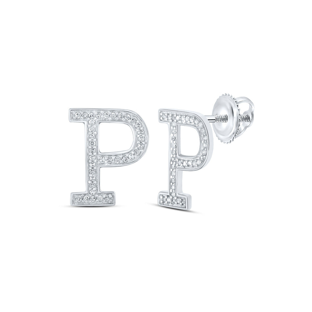 10kt White Gold Womens Round Diamond P Initial Letter Earrings 1/8 Cttw