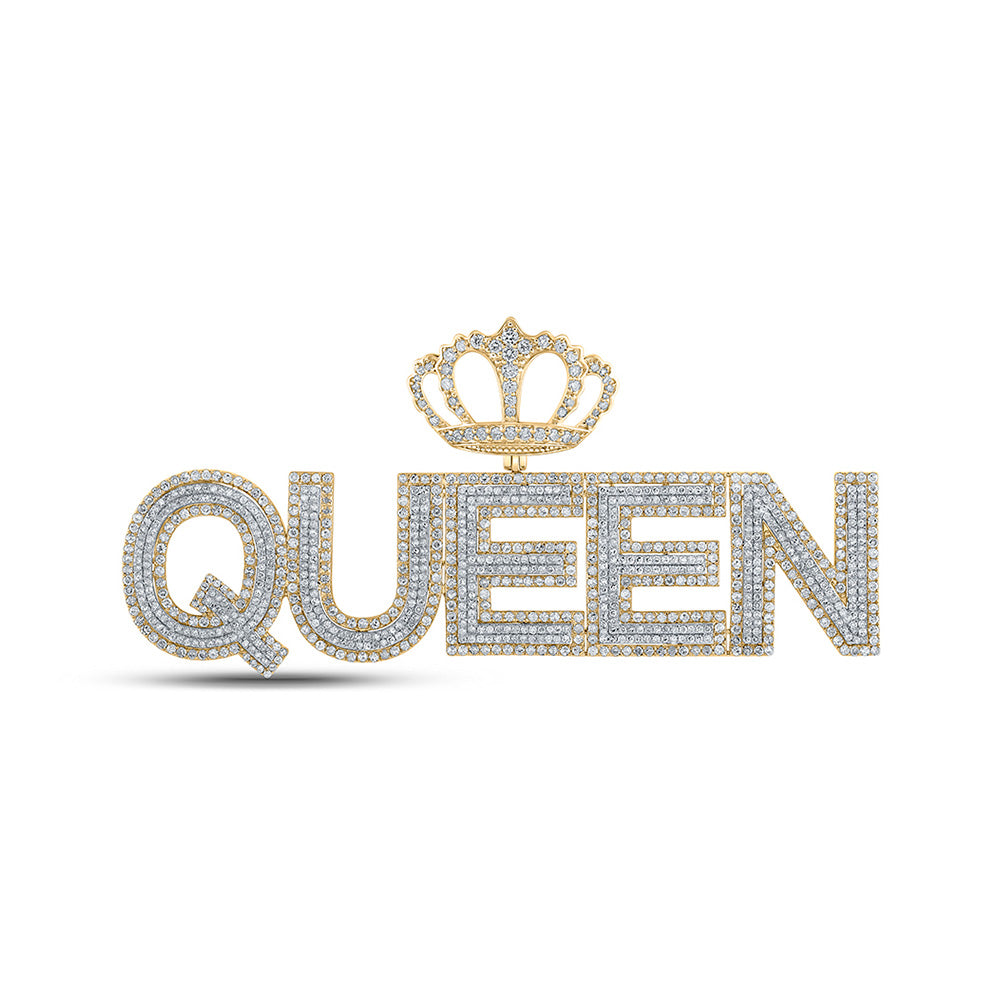 10kt Two-tone Gold Mens Round Diamond QUEEN Crown Phrase Charm Pendant 5 Cttw