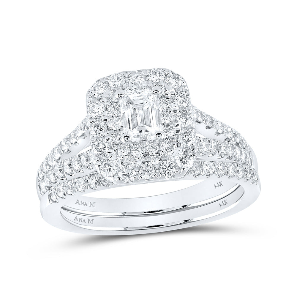 14kt White Gold Emerald Diamond Halo Bridal Wedding Ring Band Set 1-1/2 Cttw