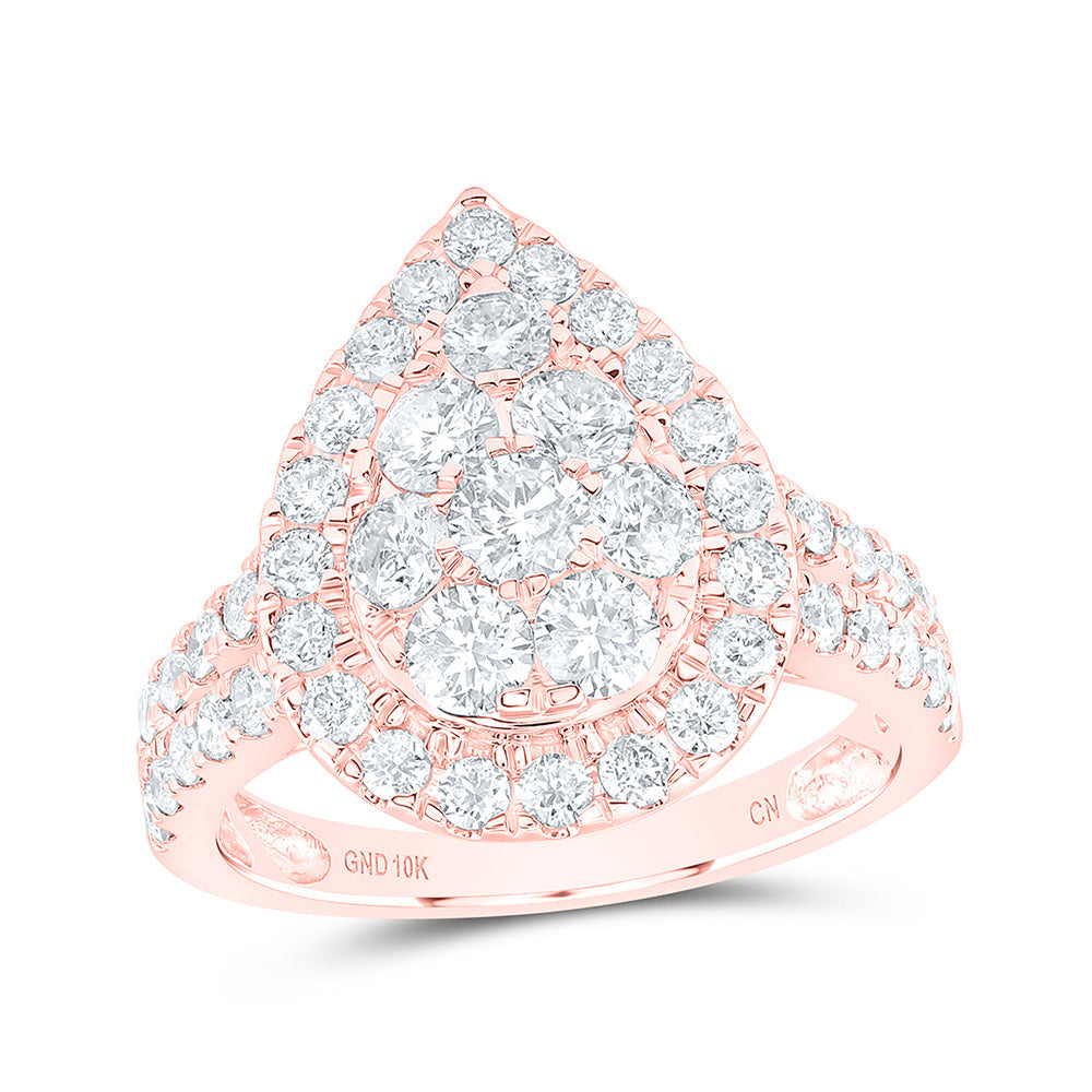 10kt Rose Gold Womens Round Diamond Tear Cluster Ring 2 Cttw