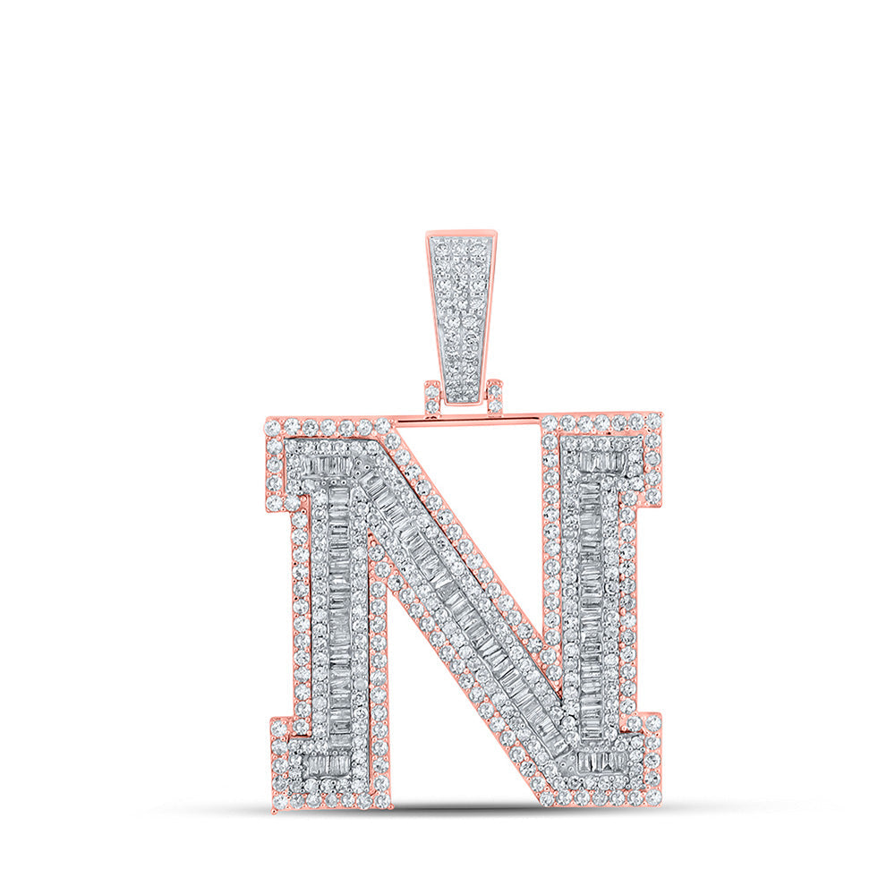 10kt Two-tone Gold Mens Baguette Diamond N Initial Letter Charm Pendant 2-5/8 Cttw