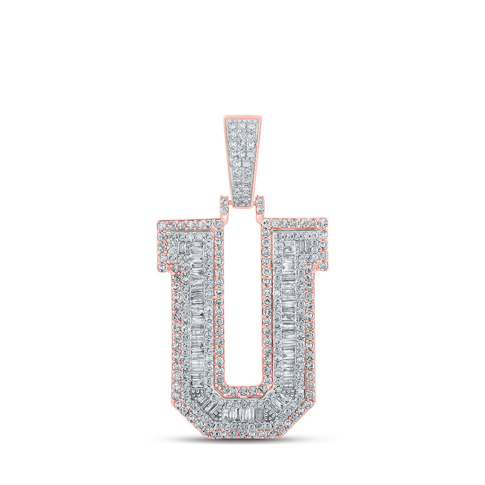 10kt Two-tone Gold Mens Baguette Diamond U Initial Letter Charm Pendant 1-7/8 Cttw