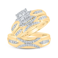 Load image into Gallery viewer, 10kt Yellow Gold His Hers Round Diamond Cluster Matching Wedding Set 1/2 Cttw
