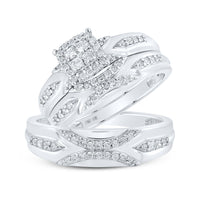 Load image into Gallery viewer, 10kt White Gold His Hers Round Diamond Cluster Matching Wedding Set 1/2 Cttw
