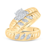 Load image into Gallery viewer, 10kt Yellow Gold His Hers Round Diamond Cluster Matching Wedding Set 1/2 Cttw
