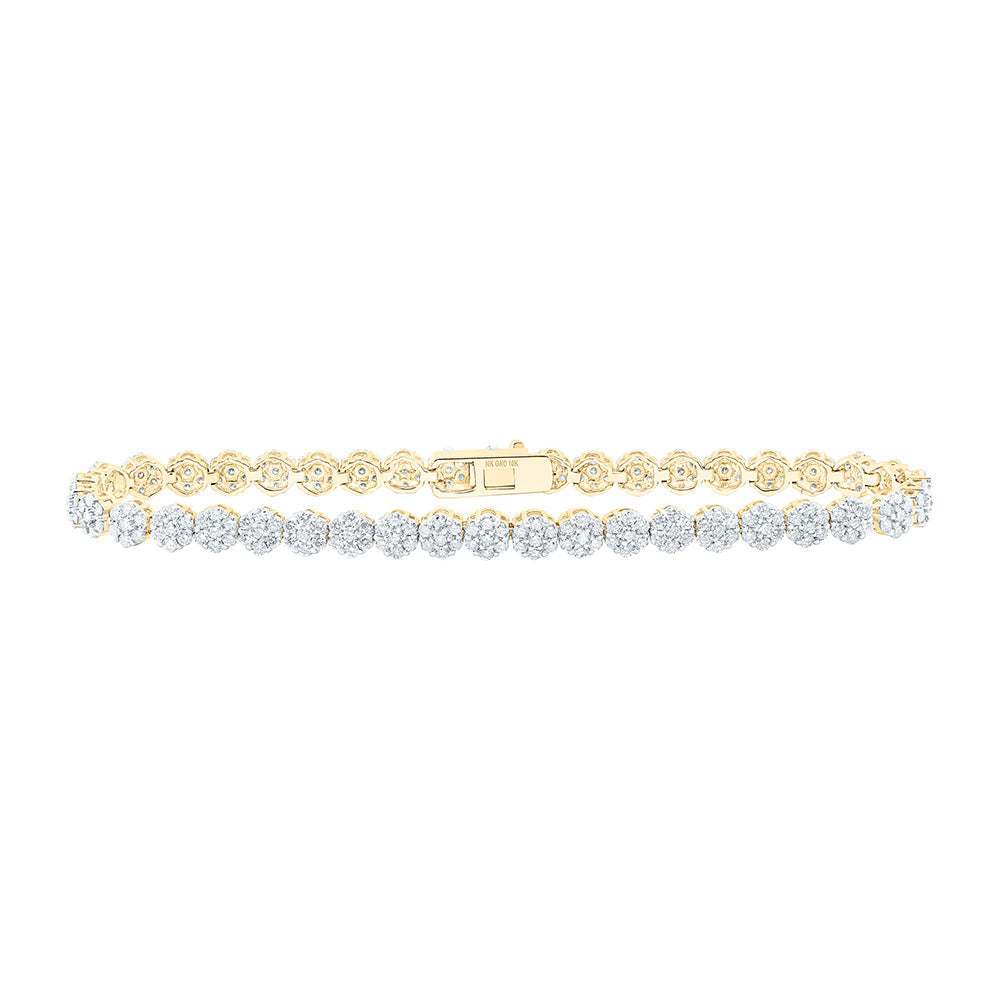10kt Yellow Gold Womens Round Diamond Cluster Link Fashion Bracelet 3-1/5 Cttw