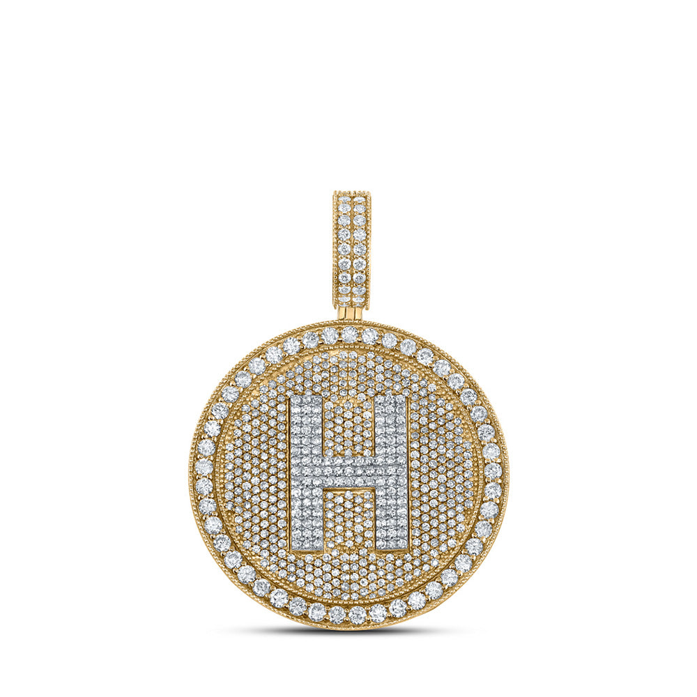 10kt Two-tone Gold Mens Round Diamond Letter H Circle Charm Pendant 3-3/4 Cttw
