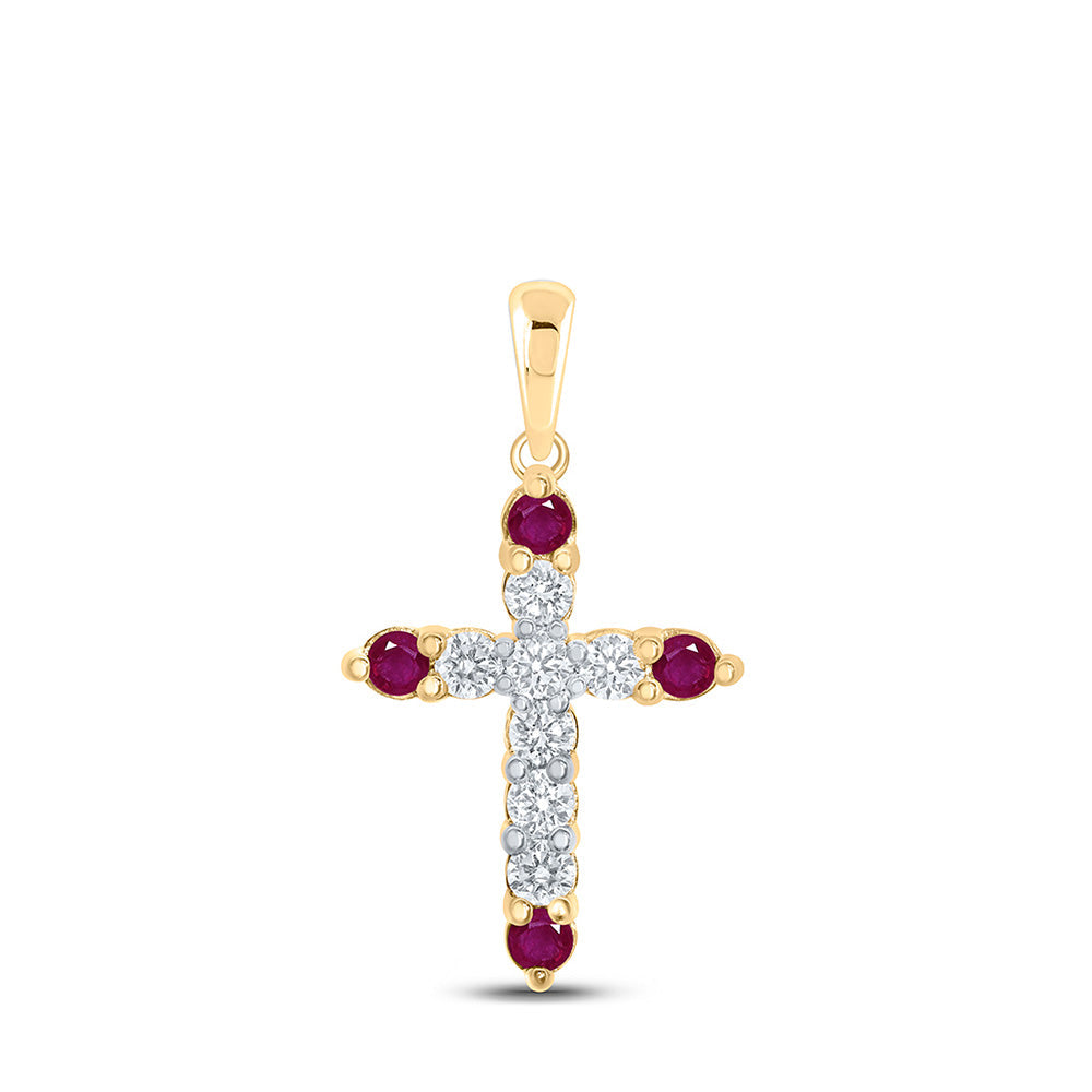 10kt Yellow Gold Womens Round Ruby Diamond Cross Pendant 1-1/5 Cttw