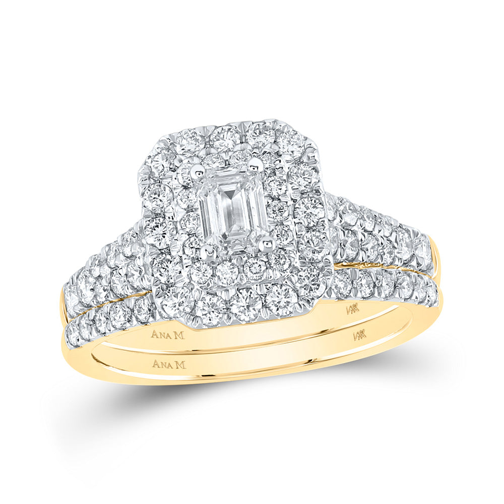 14kt Yellow Gold Emerald Diamond Halo Bridal Wedding Ring Band Set 1-1/2 Cttw