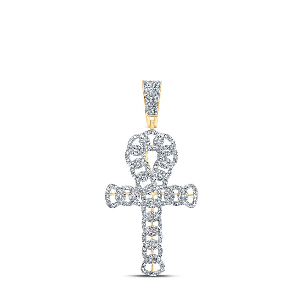 10kt Yellow Gold Mens Round Diamond Curb Ankh Cross Charm Pendant 3/4 Cttw