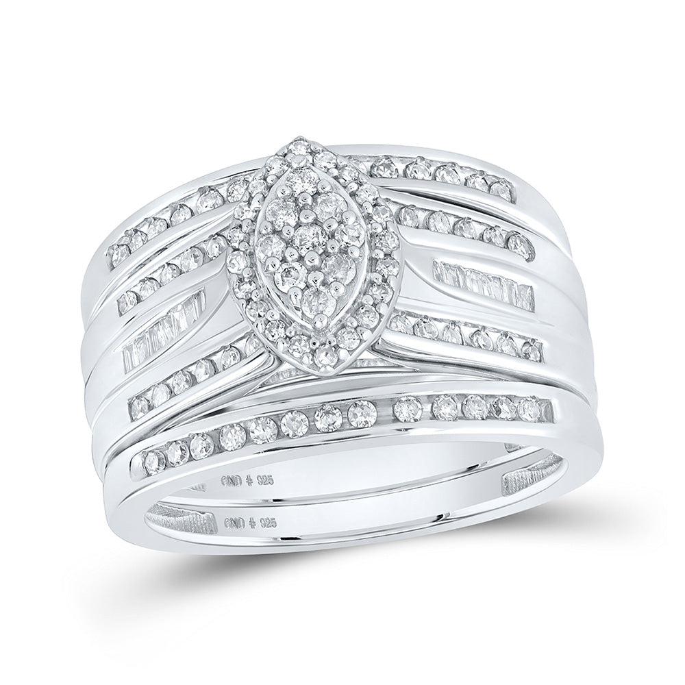 Sterling Silver Round Diamond 3-Pc Oval Bridal Wedding Ring Band Set 1/2 Cttw