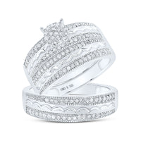 Load image into Gallery viewer, Sterling Silver His Hers Round Diamond Cluster Matching Wedding Set 5/8 Cttw

