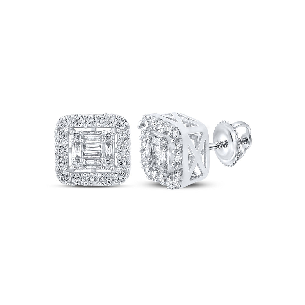 14kt White Gold Mens Baguette Diamond Square Earrings 5/8 Cttw