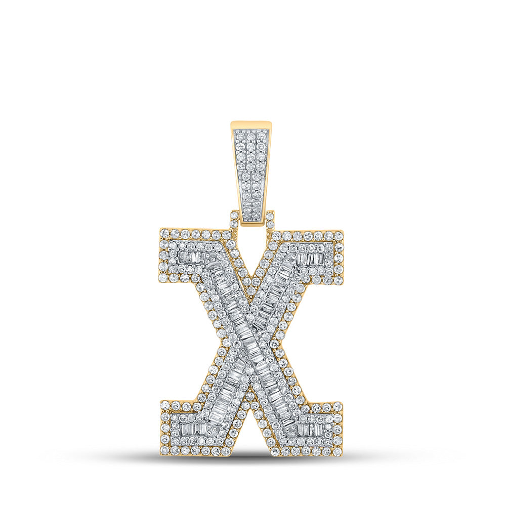 14kt Two-tone Gold Mens Baguette Diamond X Initial Letter Charm Pendant 2 Cttw