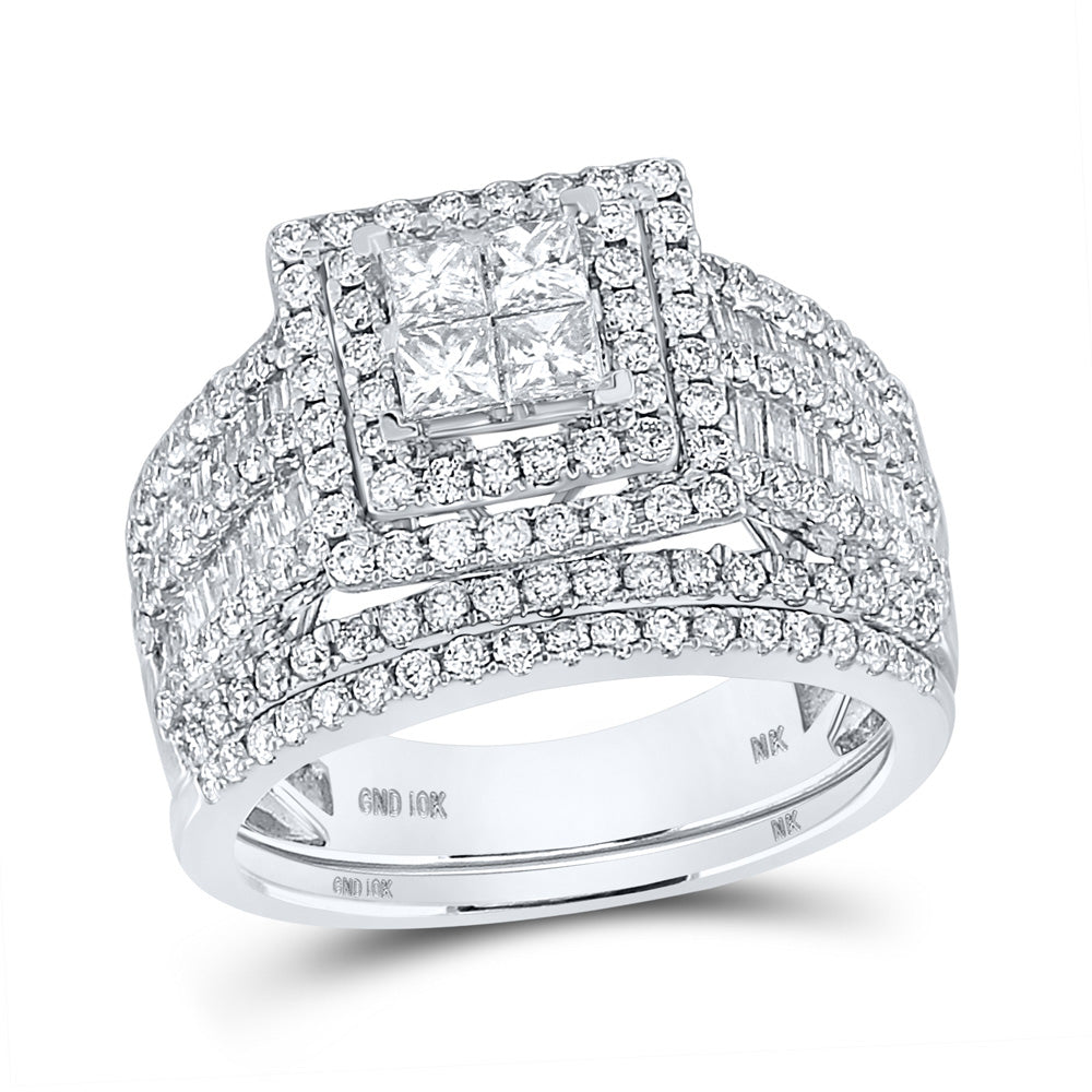 10kt White Gold Princess Diamond Square Bridal Wedding Ring Band Set 2 Cttw